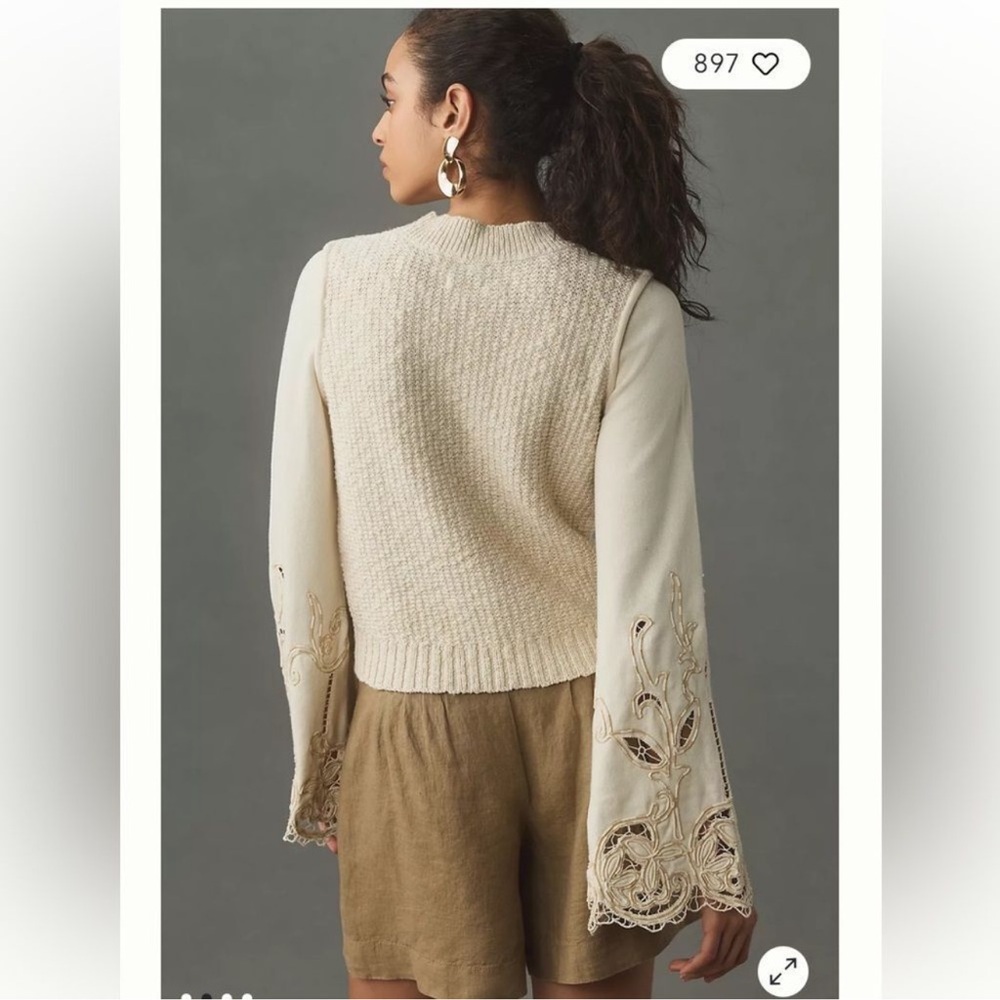 Anthropologie Cotton Lace Bell Sleeve Textured Knit Top size small EUC - Picture 4 of 4
